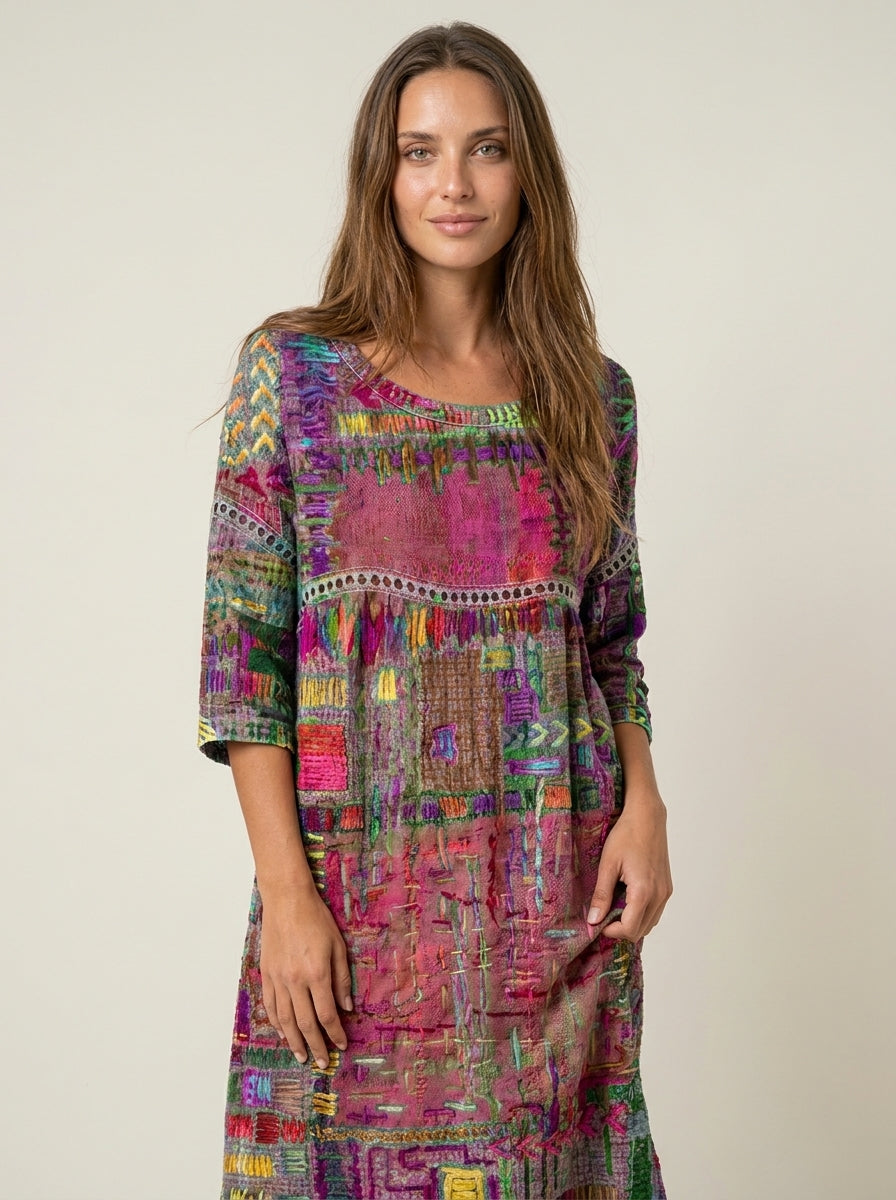 SANTORO Manuela - Vestido Denim con Patchwork Étnico – Rosa – photo 8