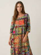 SANTORO Manuela - Vestido Denim con Patchwork Étnico – Naranja – photo 4