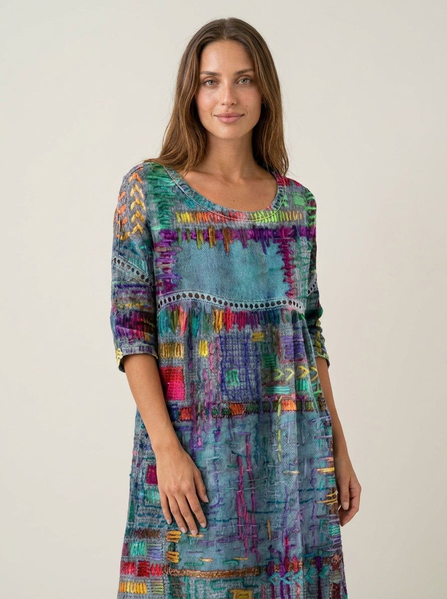 SANTORO Manuela - Vestido Denim con Patchwork Étnico – Azul