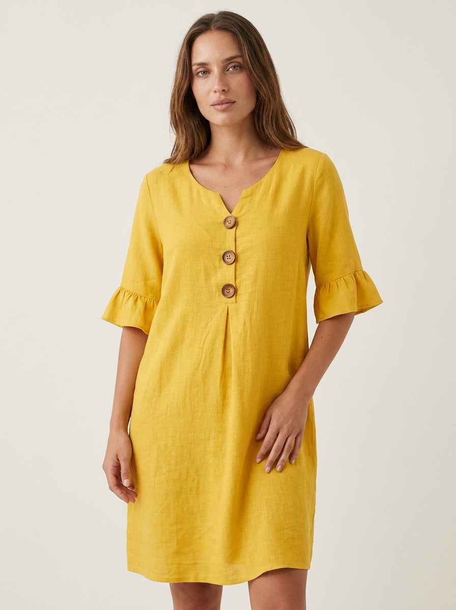 Vanesa | Vestido con textura de lino con manga abullonada y botones