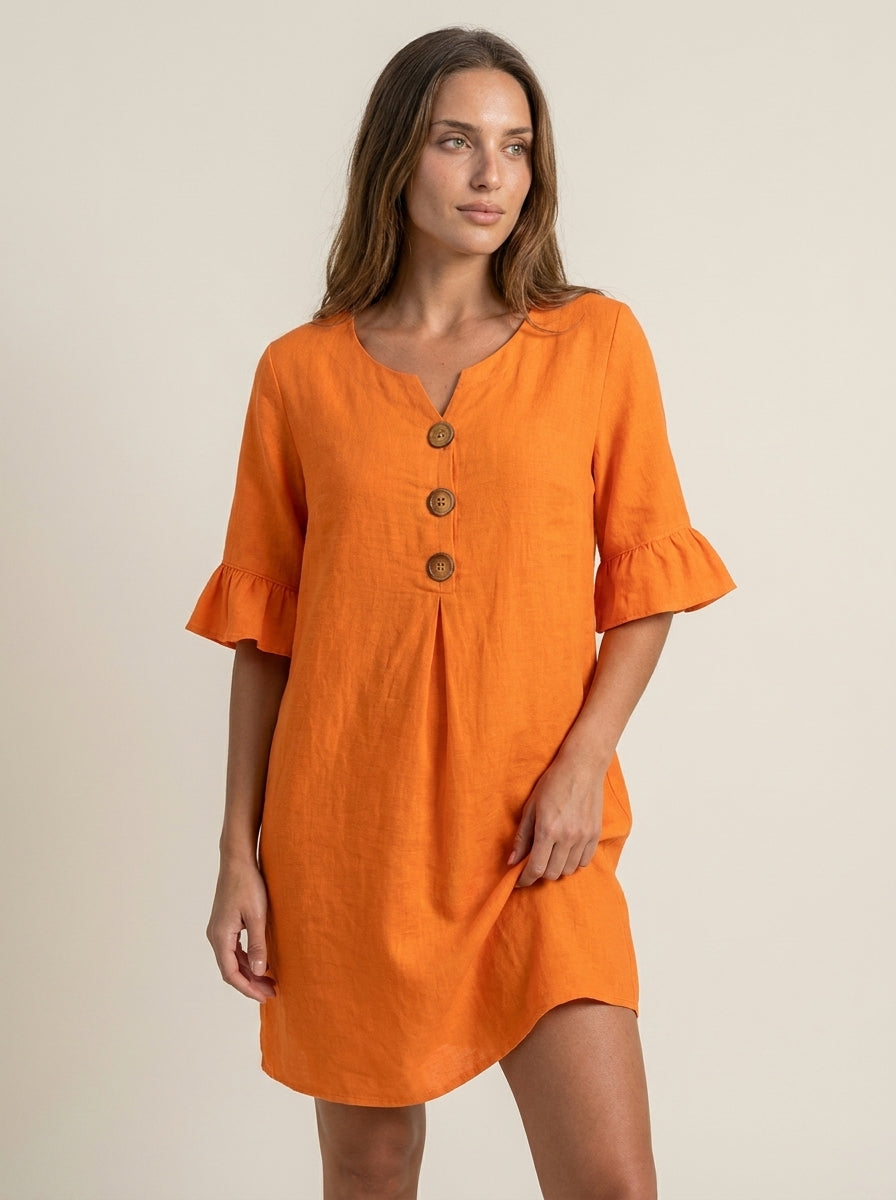 Vanesa | Vestido con textura de lino con manga abullonada y botones