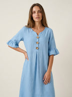 Vanesa | Vestido con textura de lino con manga abullonada y botones