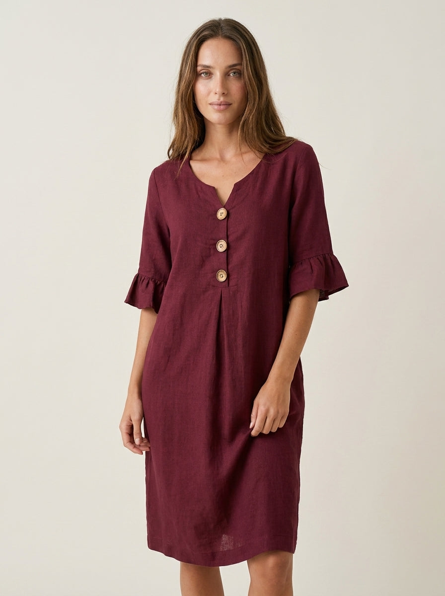 Vanesa | Vestido con textura de lino con manga abullonada y botones