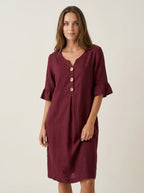 Vanesa | Vestido con textura de lino con manga abullonada y botones