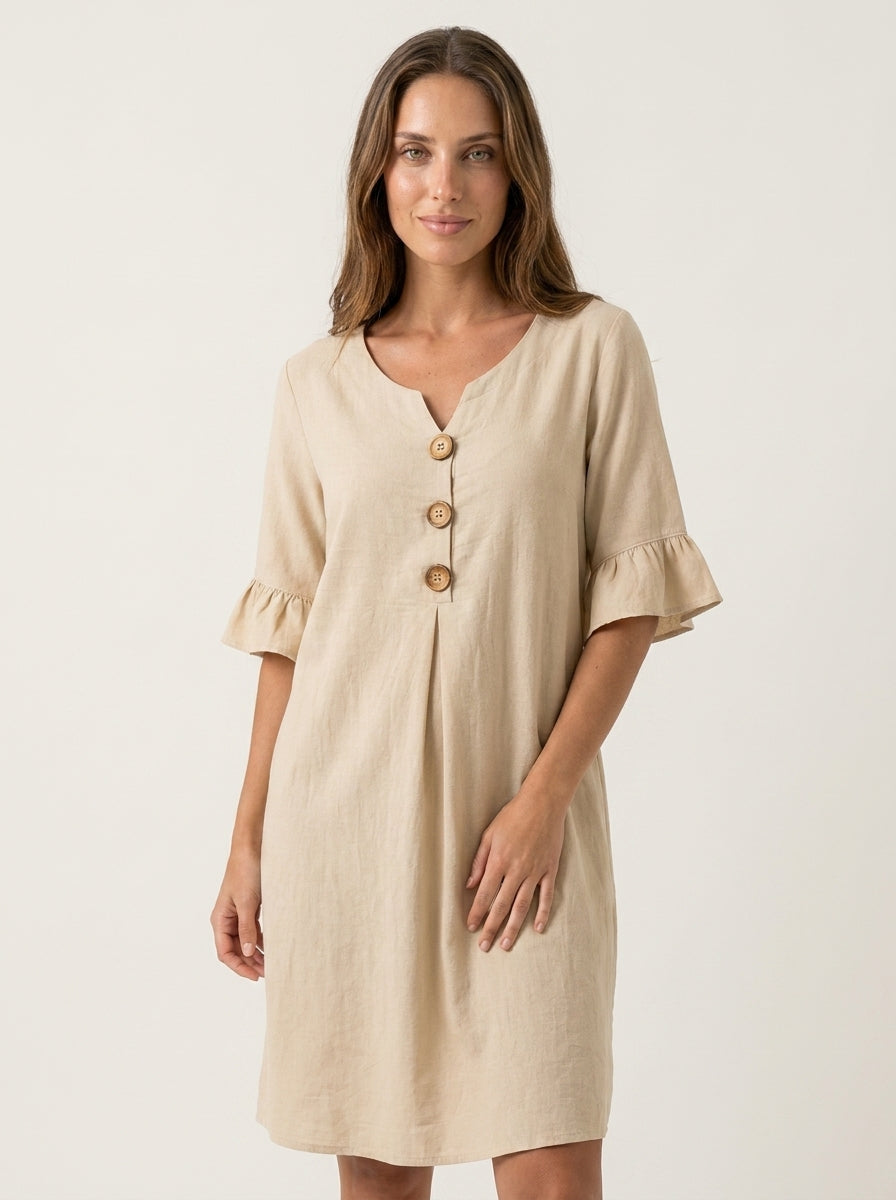 Olivia Sur Vanesa - Vestido con Textura de Lino con Manga Abullonada y Botones – Beige – photo 12