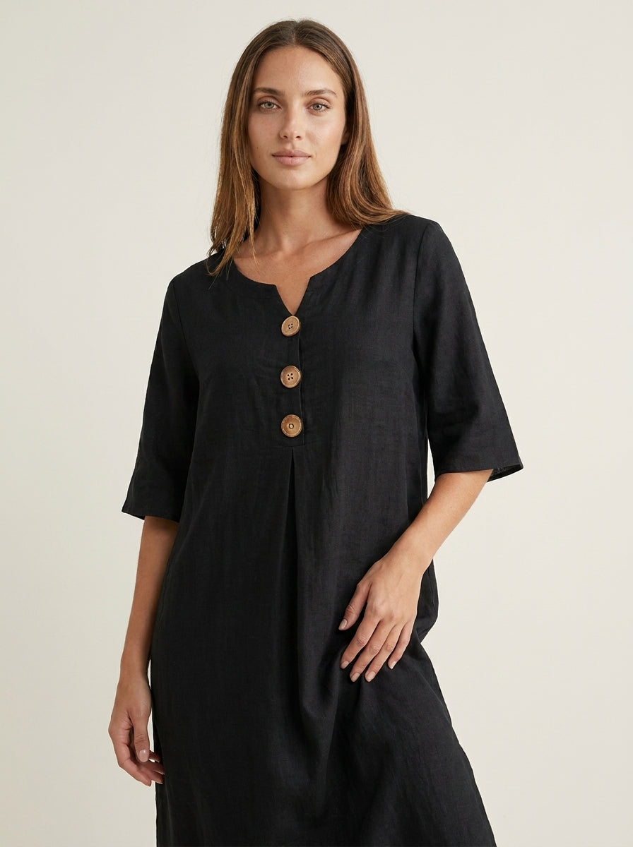 Vanesa | Vestido con textura de lino con manga abullonada y botones