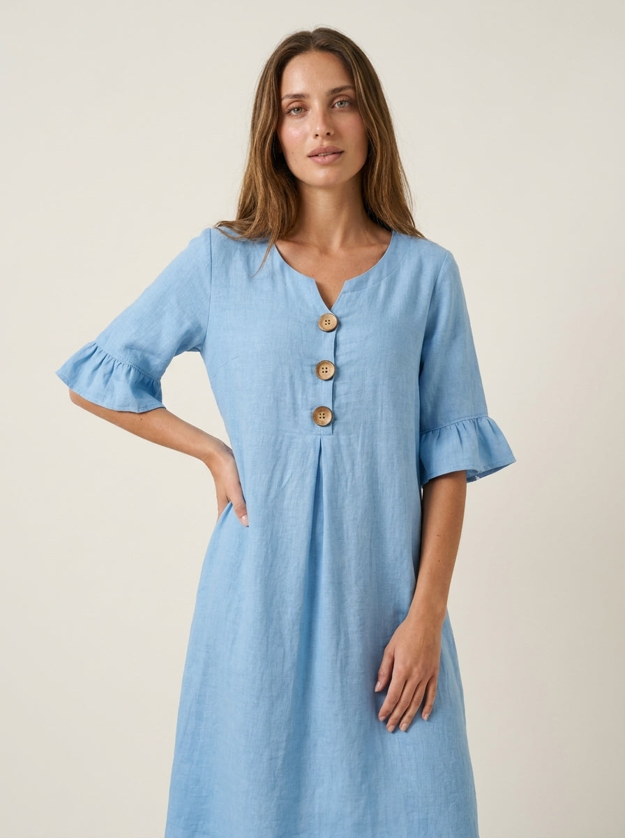 Olivia Sur Vanesa - Vestido con Textura de Lino con Manga Abullonada y Botones – Azul claro – photo 4