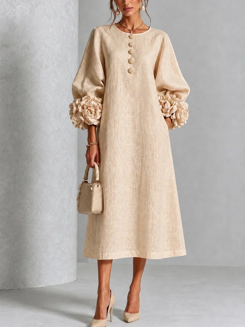 Anamartinezmadrid Azucena | Vestido Midi con Botones Florales y Puños de Rosa – Beige – photo 8