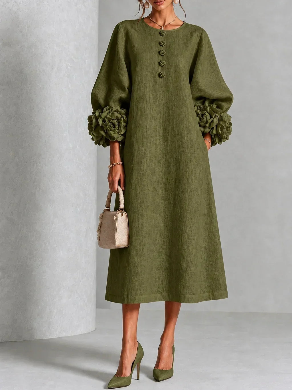 Anamartinezmadrid Azucena | Vestido Midi con Botones Florales y Puños de Rosa – Verde Oliva – photo 10