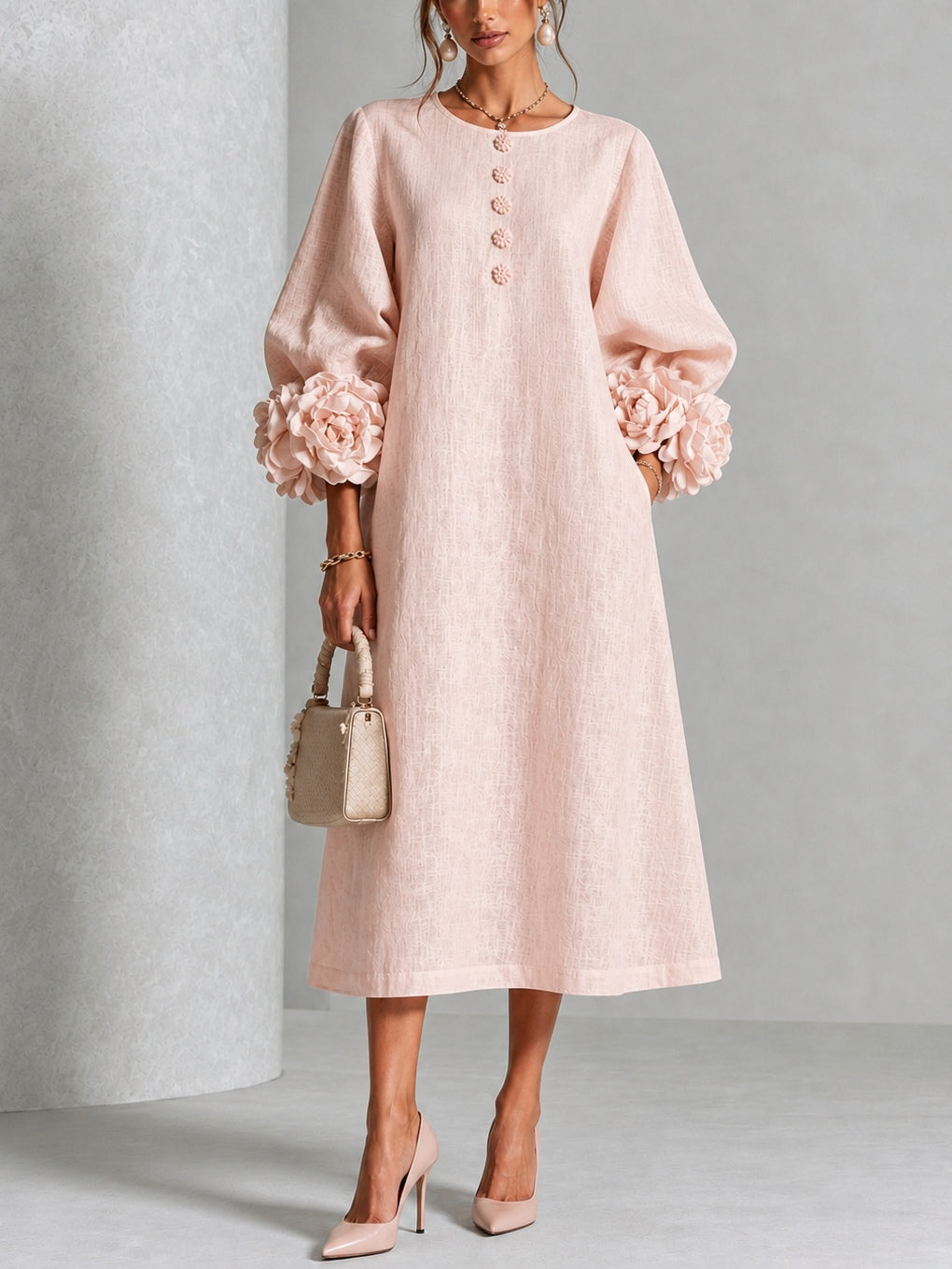 Anamartinezmadrid Azucena | Vestido Midi con Botones Florales y Puños de Rosa – Rosa