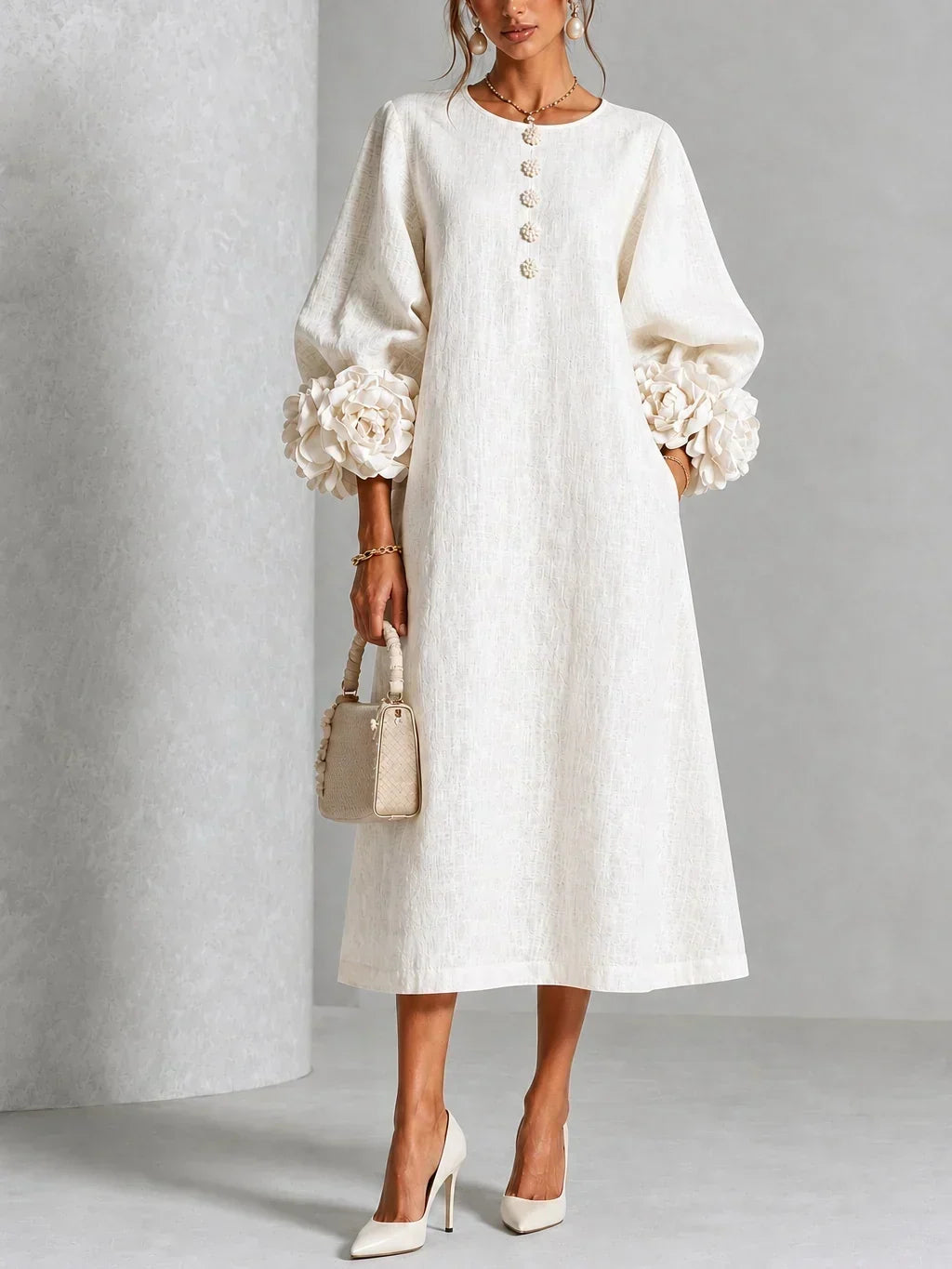 Anamartinezmadrid Azucena | Vestido Midi con Botones Florales y Puños de Rosa – Blanco – photo 7