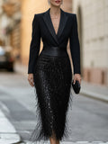 Anamartinezmadrid Ximena | Vestido Midi Estilo Blazer con Flecos de Lentejuelas – Negro