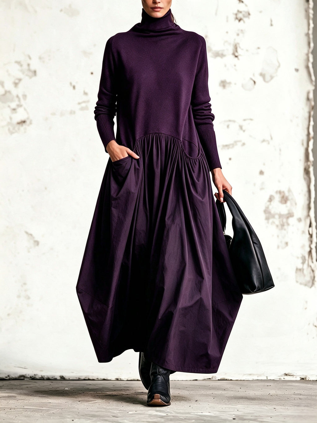 Anamartinezmadrid Adriana | Vestido Largo Oversize de Cuello Alto con Bolsillos – Morado Oscuro – photo 7