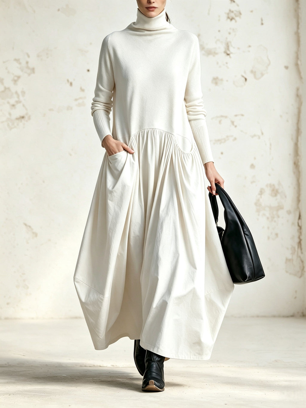 Anamartinezmadrid Adriana | Vestido Largo Oversize de Cuello Alto con Bolsillos – Blanco – photo 5