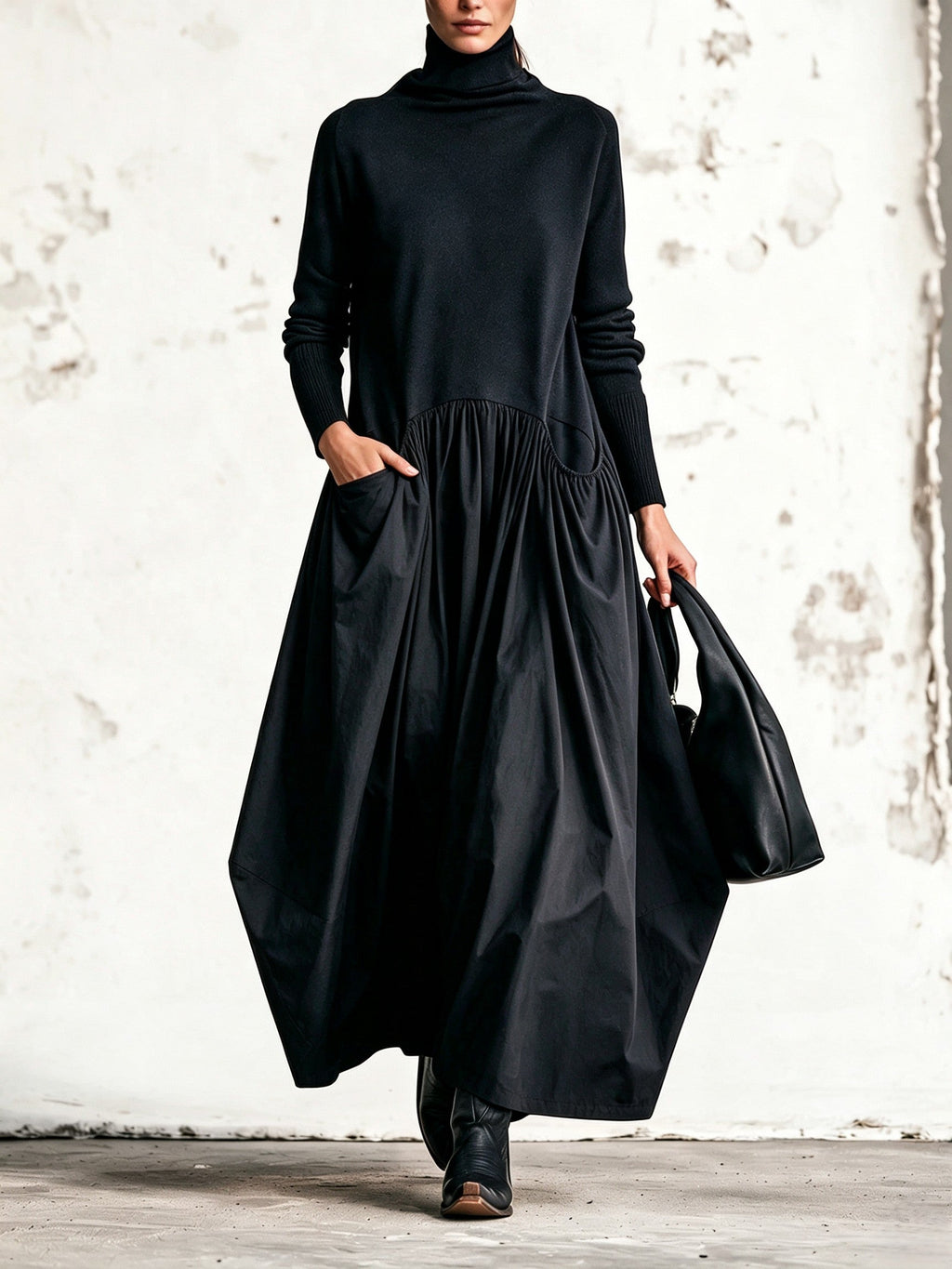 Anamartinezmadrid Adriana | Vestido Largo Oversize de Cuello Alto con Bolsillos – Negro