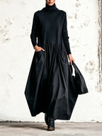 Anamartinezmadrid Adriana | Vestido Largo Oversize de Cuello Alto con Bolsillos – Negro