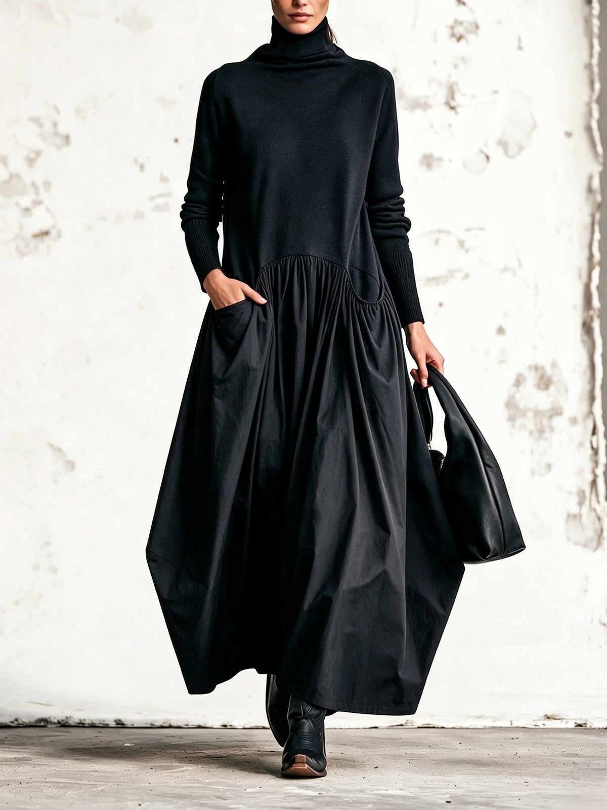 Anamartinezmadrid Adriana | Vestido Largo Oversize de Cuello Alto con Bolsillos – Negro