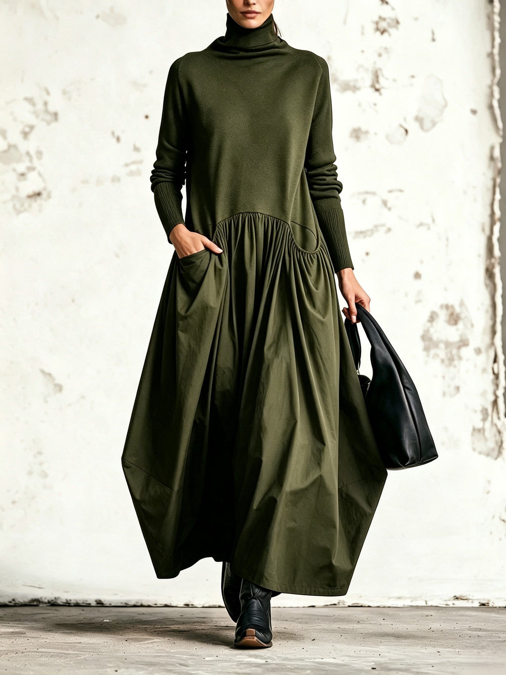 Anamartinezmadrid Adriana | Vestido Largo Oversize de Cuello Alto con Bolsillos – Verde – photo 4