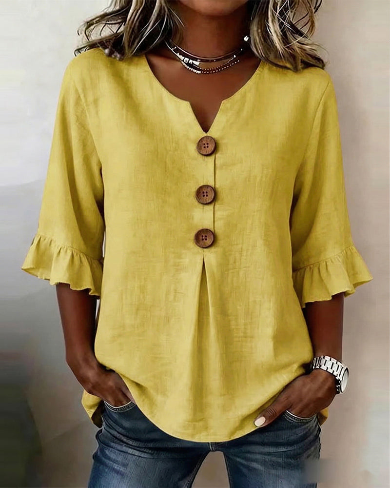 Marina Roca Blusa Inés de algodón-lino lisa con botones de madera y volantes – Amarillo – photo 6