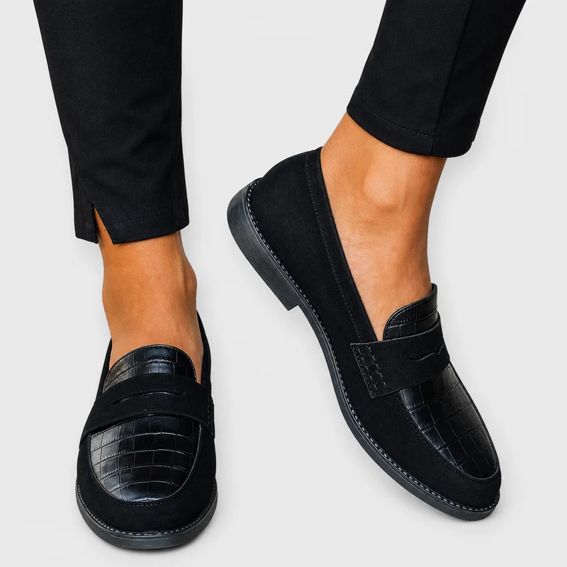 Anamartinezmadrid Greta | Mocasines Negros Efecto Ante con Puntera Efecto Coco