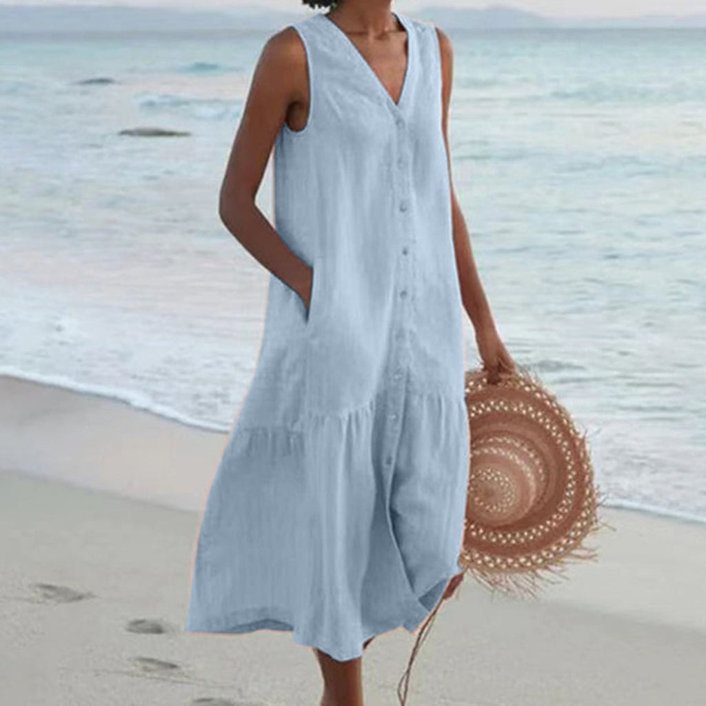 Anamartinezmadrid Abril | Vestido Midi de Playa Sin Mangas Mujer Botones Escote V – Azul