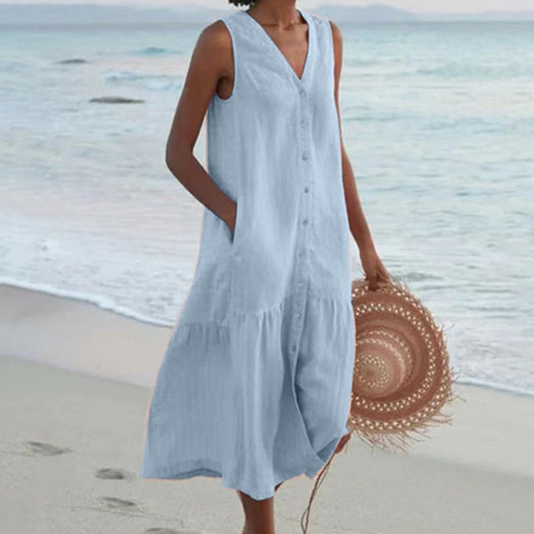Anamartinezmadrid Abril | Vestido Midi de Playa Sin Mangas Mujer Botones Escote V – Azul
