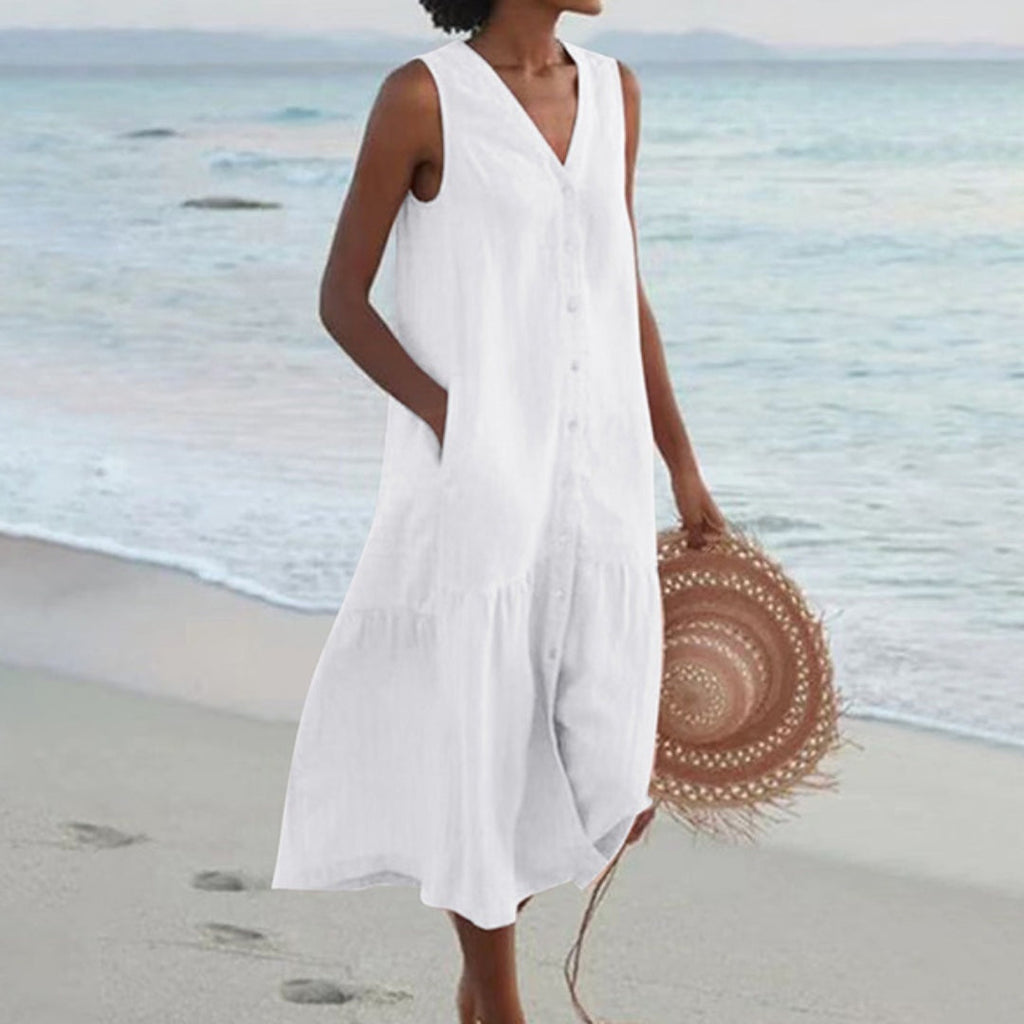 Anamartinezmadrid Abril | Vestido Midi de Playa Sin Mangas Mujer Botones Escote V – Blanco – photo 4