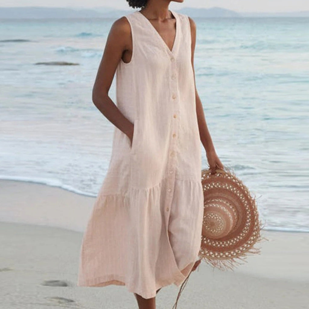 Anamartinezmadrid Abril | Vestido Midi de Playa Sin Mangas Mujer Botones Escote V – Beige – photo 5