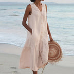 Anamartinezmadrid Abril | Vestido Midi de Playa Sin Mangas Mujer Botones Escote V – Beige – photo 5