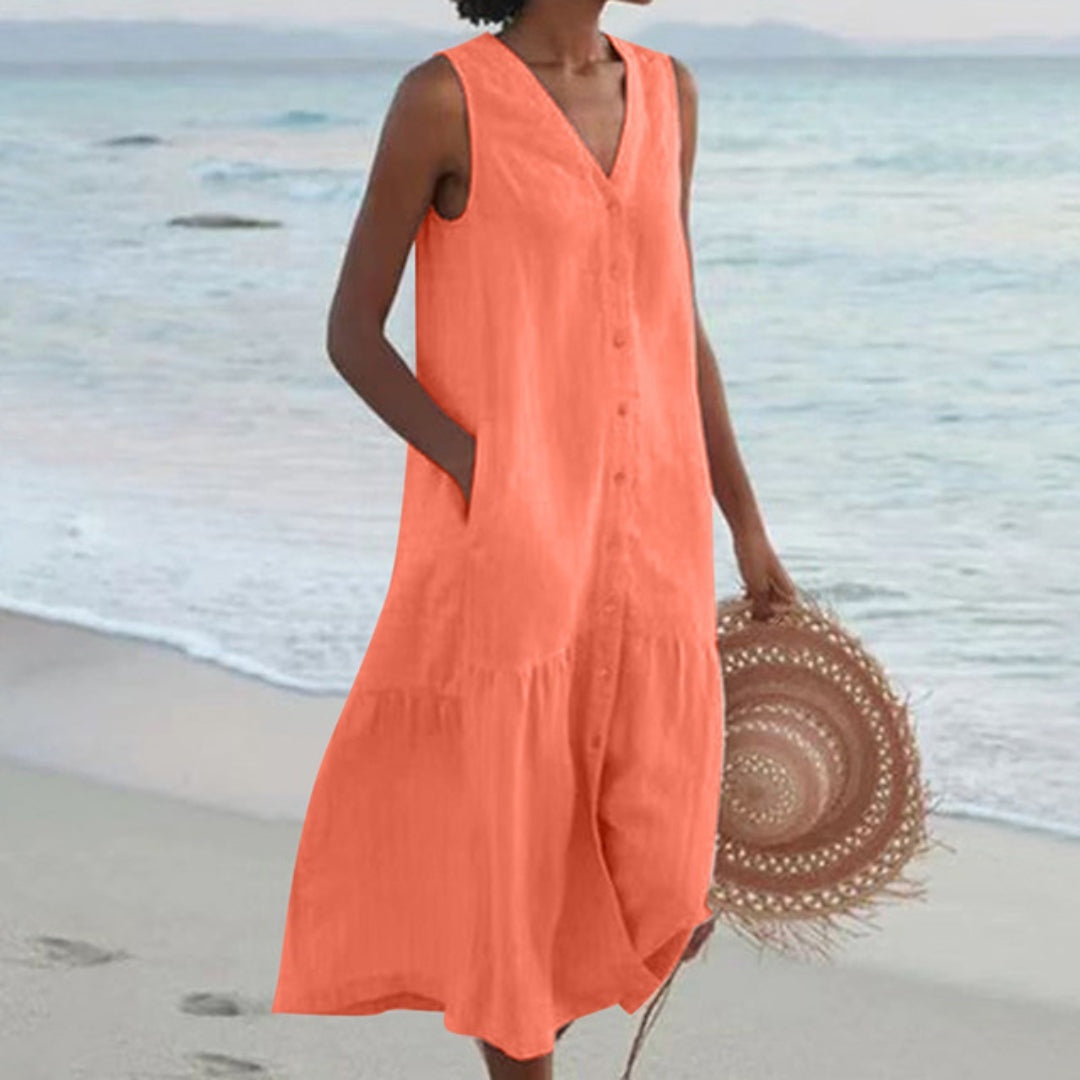 Anamartinezmadrid Abril | Vestido Midi de Playa Sin Mangas Mujer Botones Escote V – Naranja – photo 7
