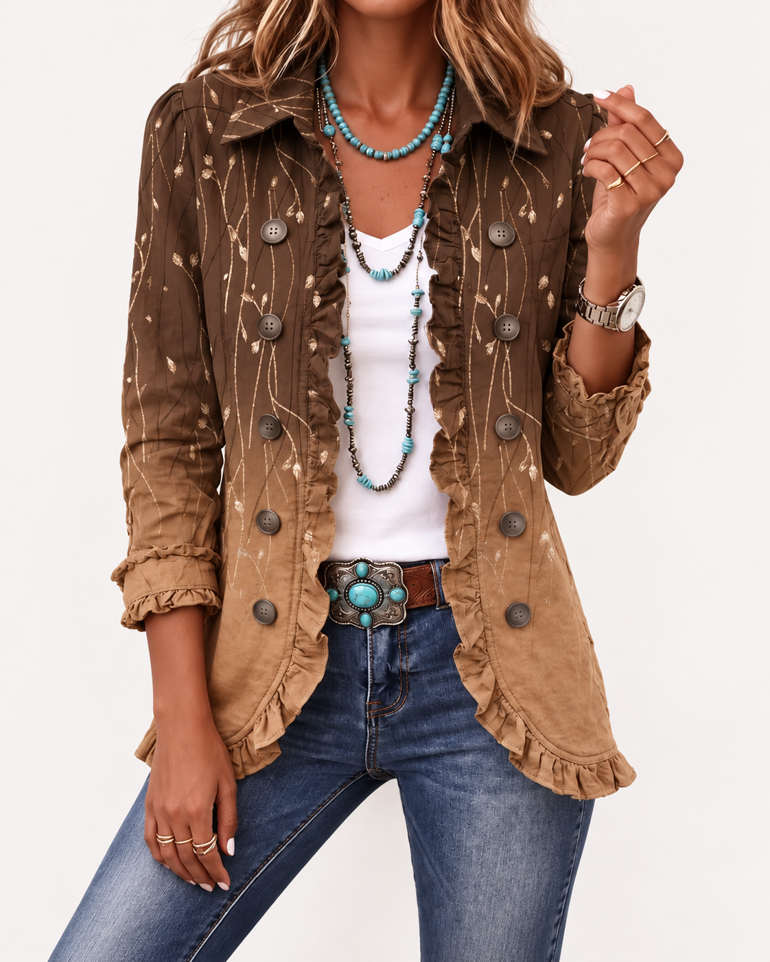 Alba chaqueta bordada camel con volantes