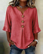 Marina Roca Blusa Inés de algodón-lino lisa con botones de madera y volantes – Rojo – photo 5
