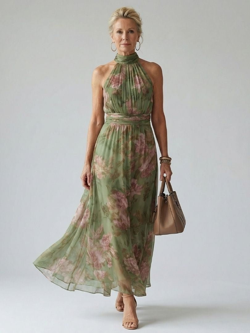 Beatriz | Vestido Midi Halter Estampado Floral Fruncido Elegante - Carmen Teruel