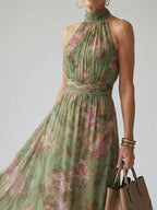 Beatriz | Vestido Midi Halter Estampado Floral Fruncido Elegante - Carmen Teruel