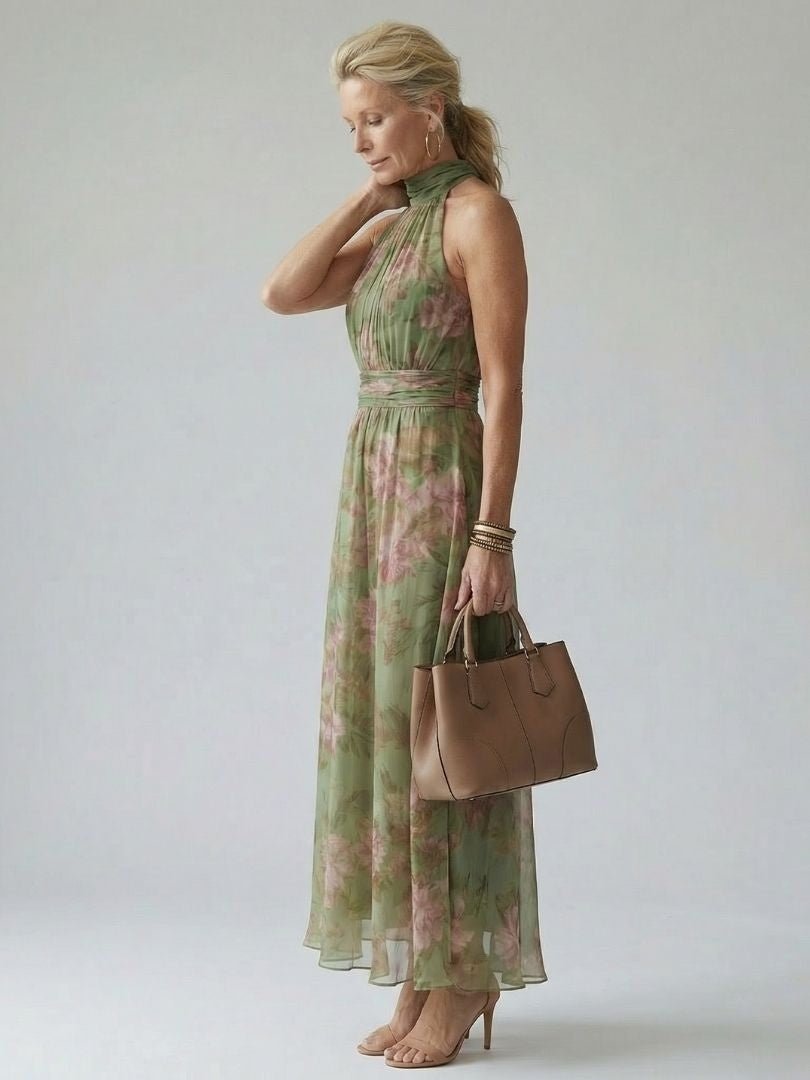 Beatriz | Vestido Midi Halter Estampado Floral Fruncido Elegante - Carmen Teruel
