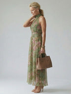 Beatriz | Vestido Midi Halter Estampado Floral Fruncido Elegante - Carmen Teruel