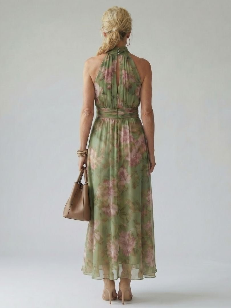 Beatriz | Vestido Midi Halter Estampado Floral Fruncido Elegante - Carmen Teruel