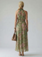 Beatriz | Vestido Midi Halter Estampado Floral Fruncido Elegante - Carmen Teruel