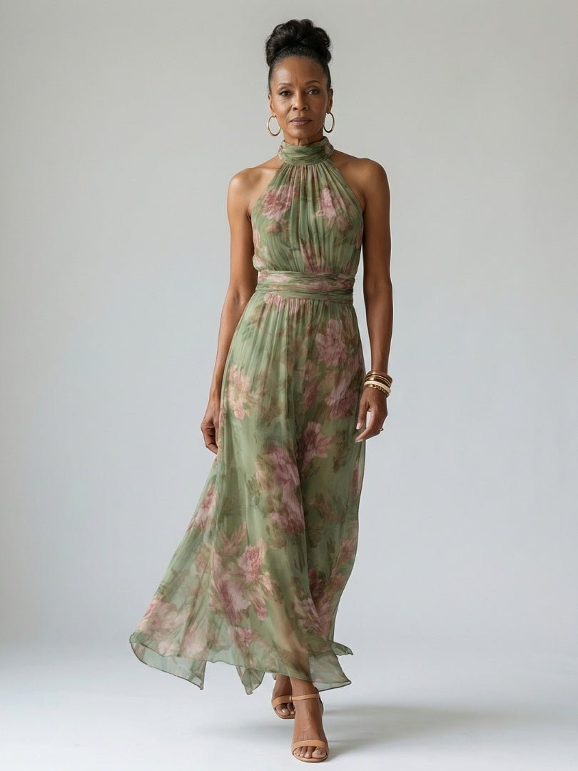 Beatriz | Vestido Midi Halter Estampado Floral Fruncido Elegante - Carmen Teruel