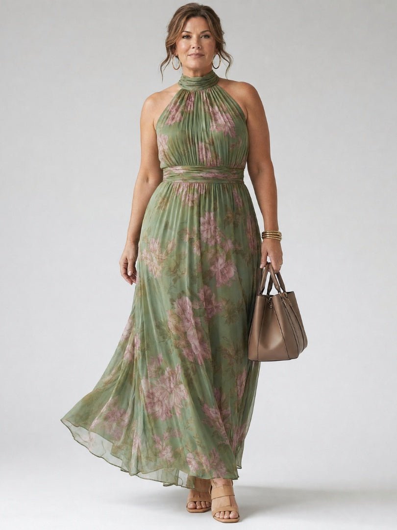 Beatriz | Vestido Midi Halter Estampado Floral Fruncido Elegante - Carmen Teruel