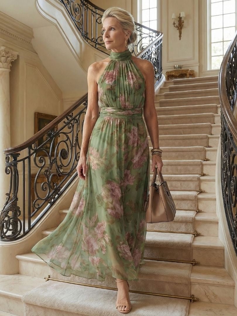 Beatriz | Vestido Midi Halter Estampado Floral Fruncido Elegante - Carmen Teruel