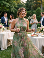 Beatriz | Vestido Midi Halter Estampado Floral Fruncido Elegante - Carmen Teruel
