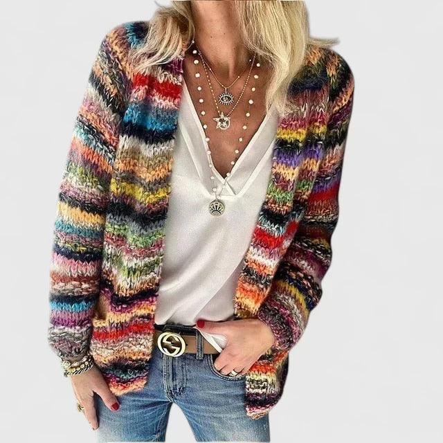 Anamartinezmadrid Nekane | Cárdigan de Punto Jaspeado con Rayas Multicolor – Rojo Multicolor