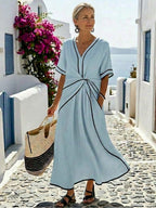 Anamartinezmadrid Carmen | Vestido Midi de Verano con Escote V Mujer Cintura Fruncida – Azul Cielo – photo 6