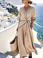 Anamartinezmadrid Celestina | Vestido Largo Elegante Drapeado Mujer Escote V Manga Corta – Beige – photo 2