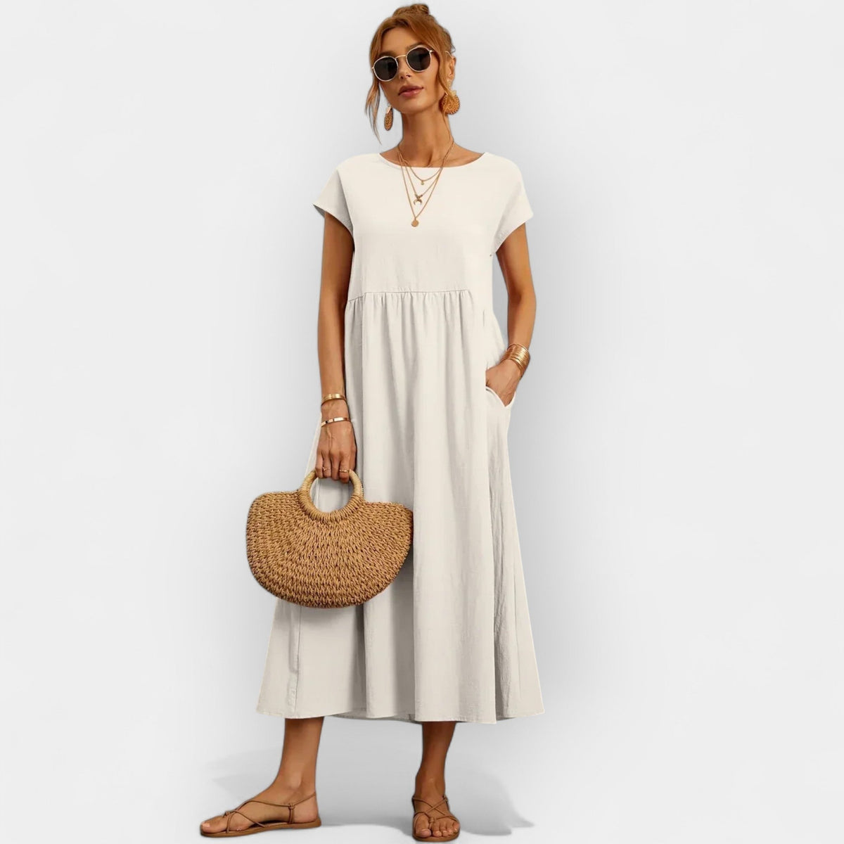 Anamartinezmadrid Dolores | Vestido Midi Casual con Bolsillos Mujer Manga Corta – Blanco