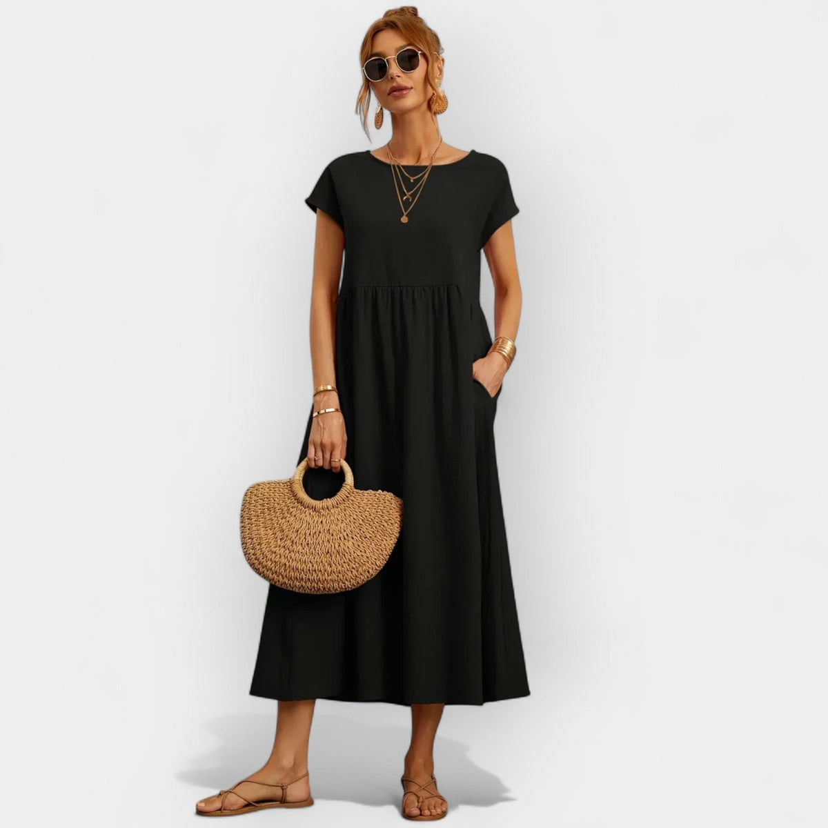 Anamartinezmadrid Dolores | Vestido Midi Casual con Bolsillos Mujer Manga Corta – Negro – photo 9