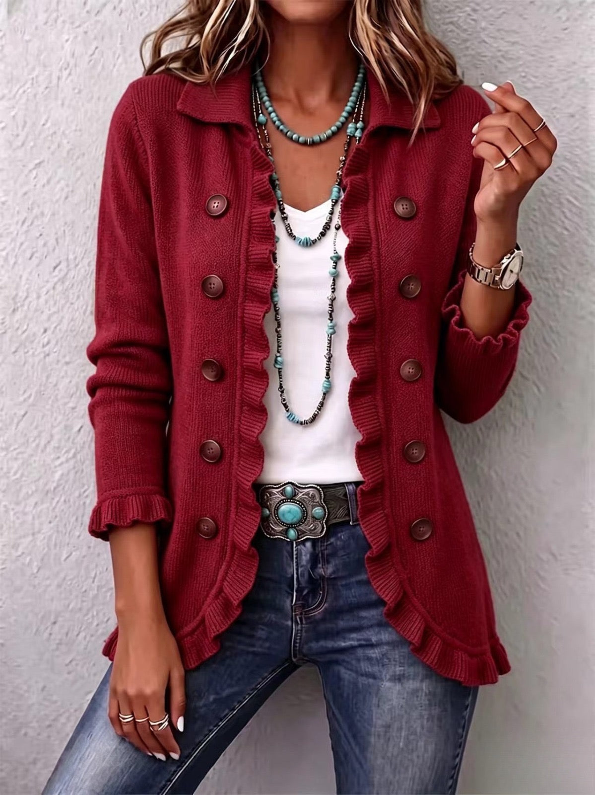 Casa Provincial Rosalía - Chaqueta de Punto Rojo Rubí con Volantes – Rojo Rubí