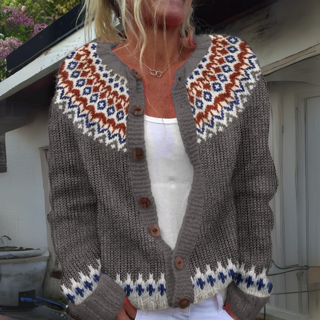 Anamartinezmadrid Luna | Cárdigan de Punto Nórdico con Canesú Jacquard
