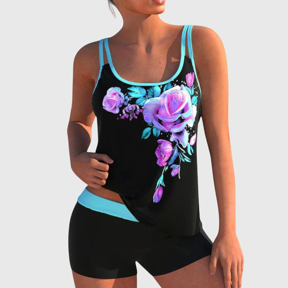 Marina Roca Flor – Tankini floral con short, efecto vientre plano – Azul / Violeta